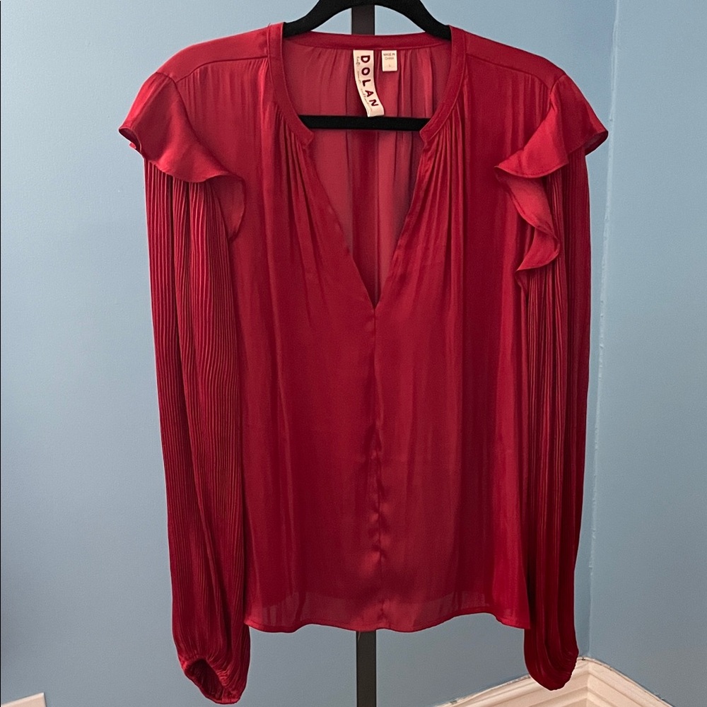 Anthropologie Dolan Satin Wine Coloured Blouse with Pleated Sleeves